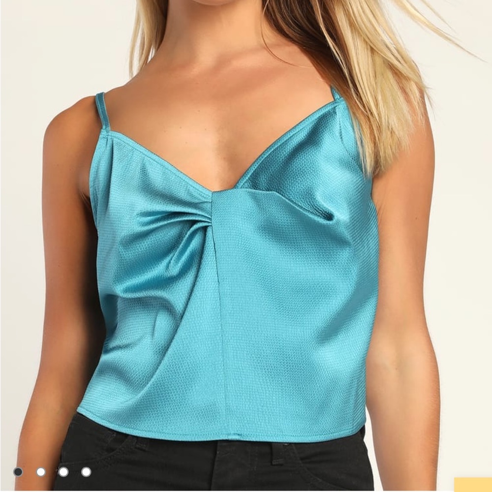 Always Surprising Teal Blue Asymmetrical Textured Satin Cami Top